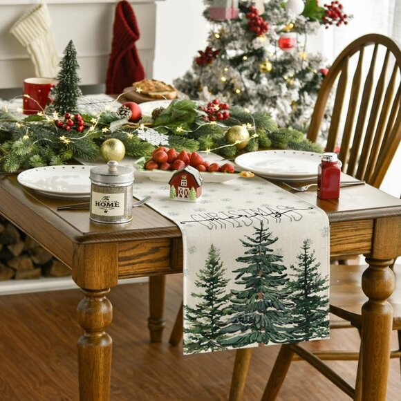 Beige Pine Tree Snowflake Merry Christmas Table Runner Seasonal Winter Xma 13x36 - Picture 2 of 6